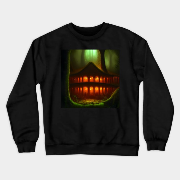 Magical Big Cottage Mushroom House with Lights in Forest with High Trees, Mushroom Aesthetic Crewneck Sweatshirt by Promen Art